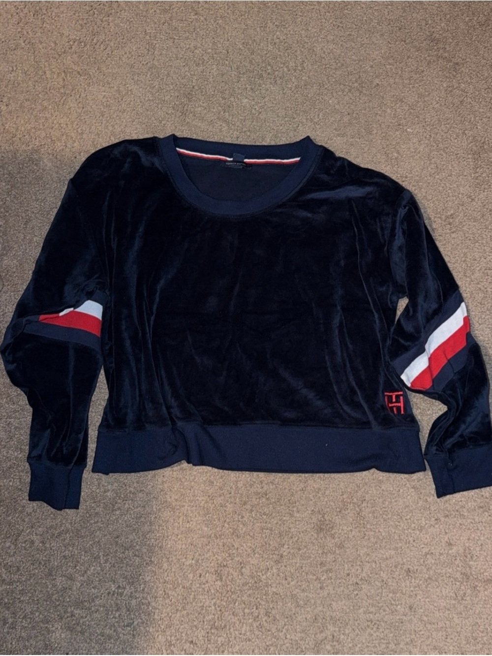 Tommy Hilfiger Navy Velvet Sweatshirt with Red & White Stripe Sleeves